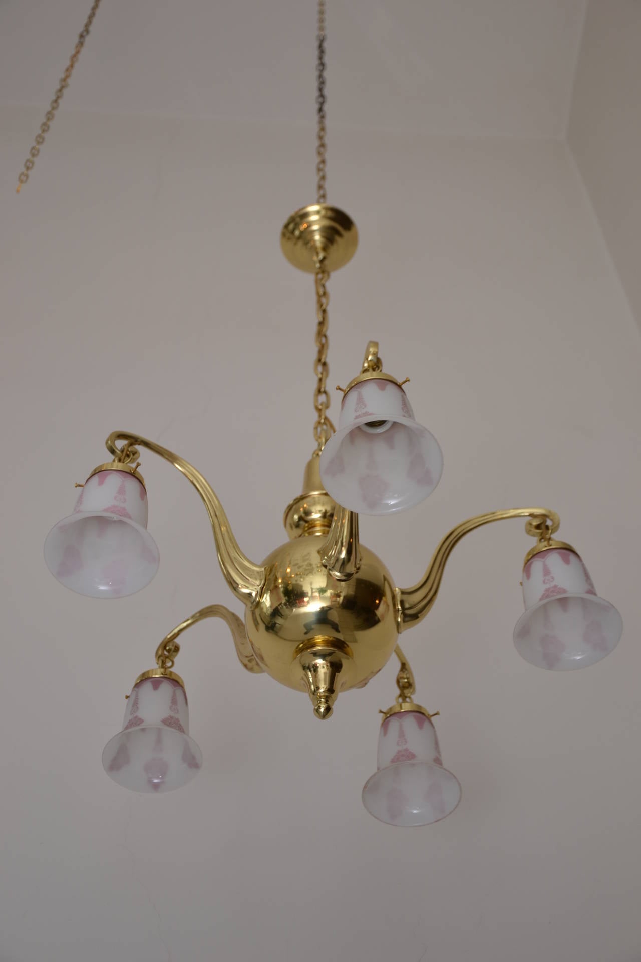 Brass Historistic ceiling lamp with original glass shades For Sale
