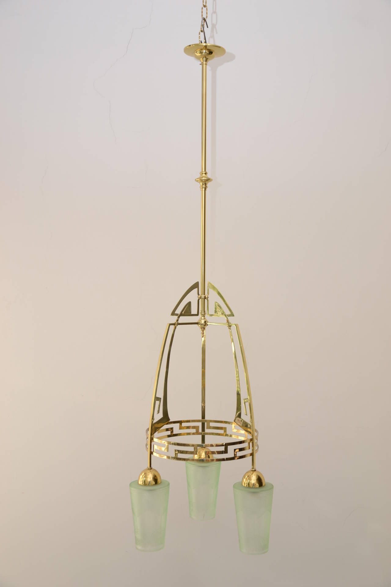 Art Nouveau ceiling Lamp with 3 original glass shades
Brass polished and stove enamelled