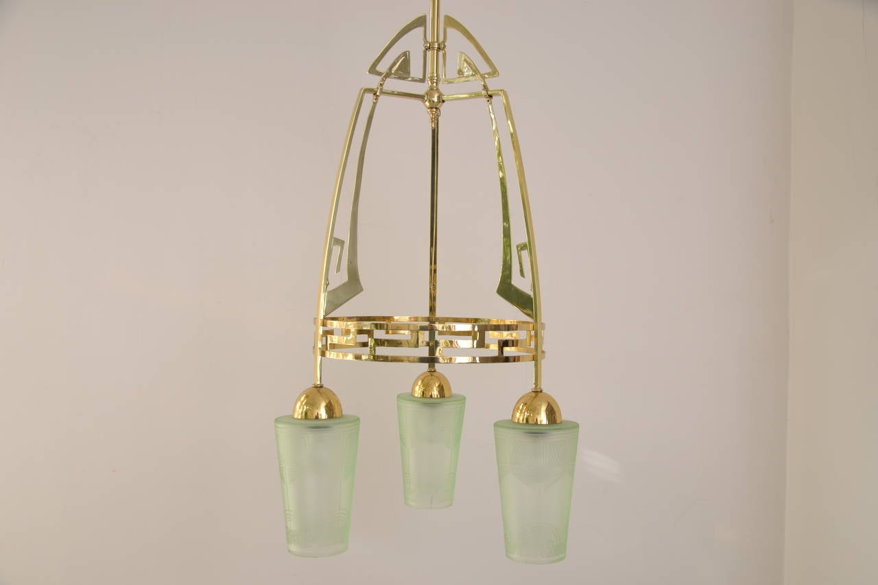 Jugendstil Art Nouveau ceiling Lamp with 3 original glass shades