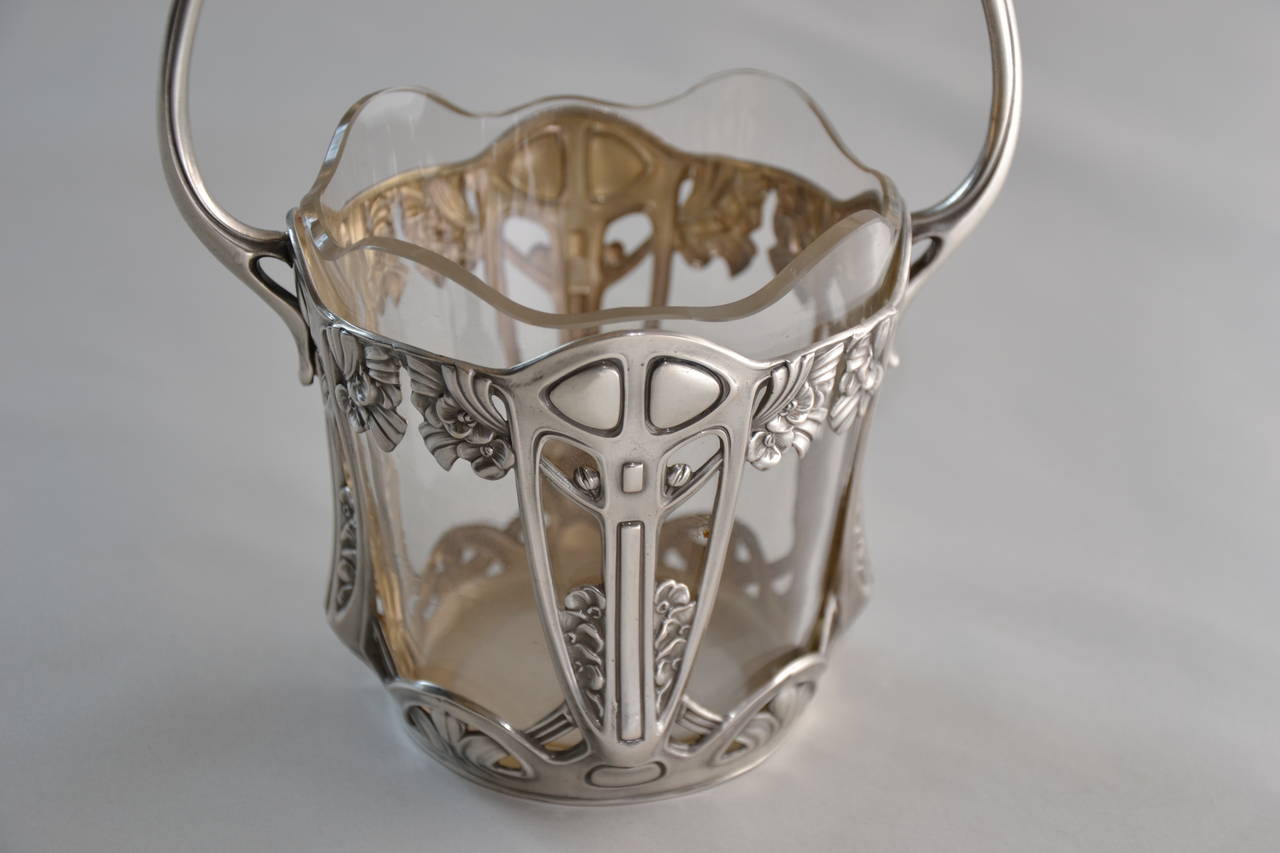 German Silver Flower Bowl with Original Glass For Sale