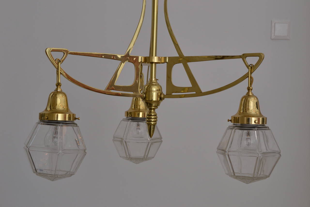 Jugendstil Art Nouveau Three-Light Ceiling Lamp with Original Glass Shade