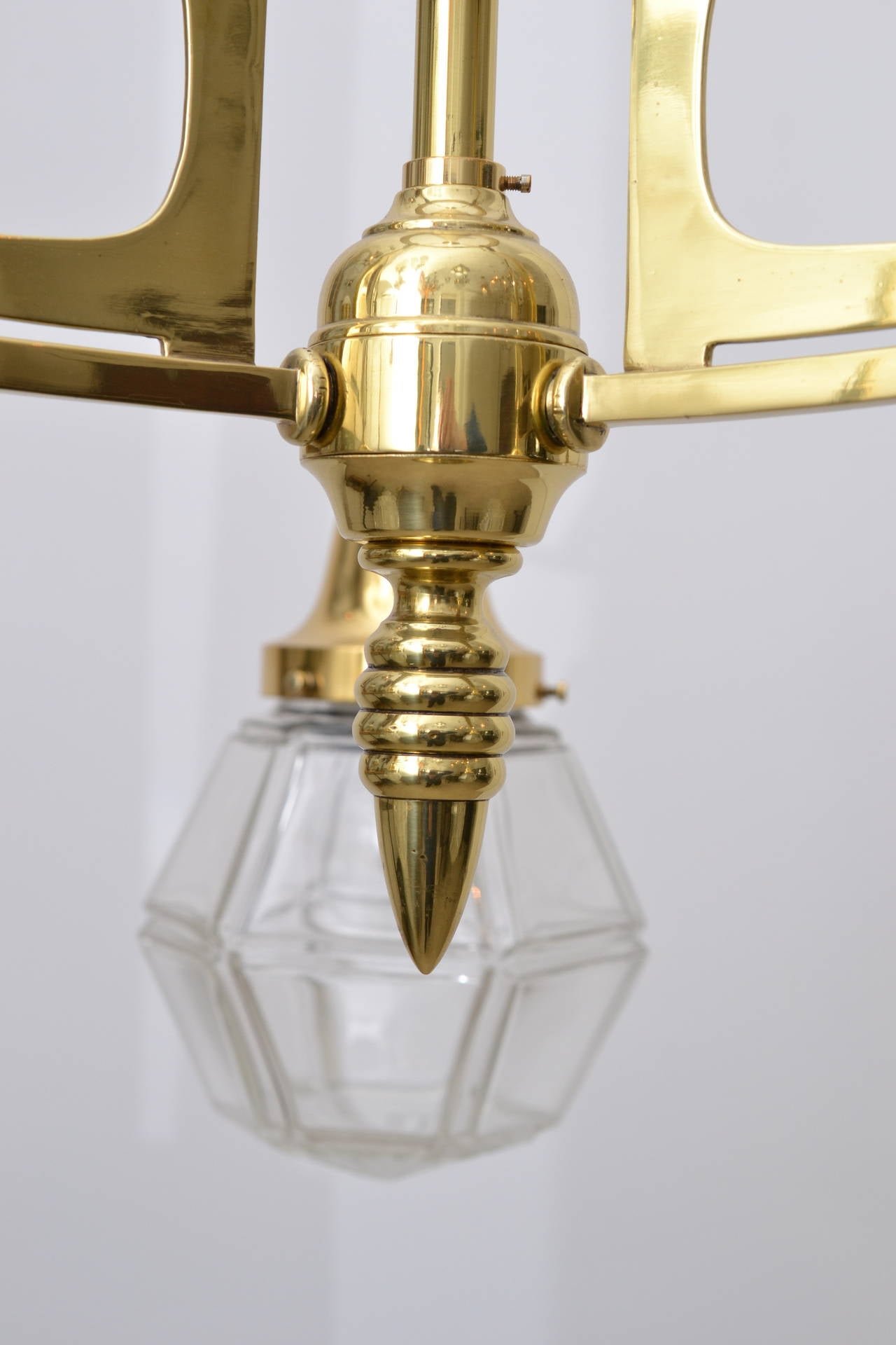 Brass Art Nouveau Three-Light Ceiling Lamp with Original Glass Shade