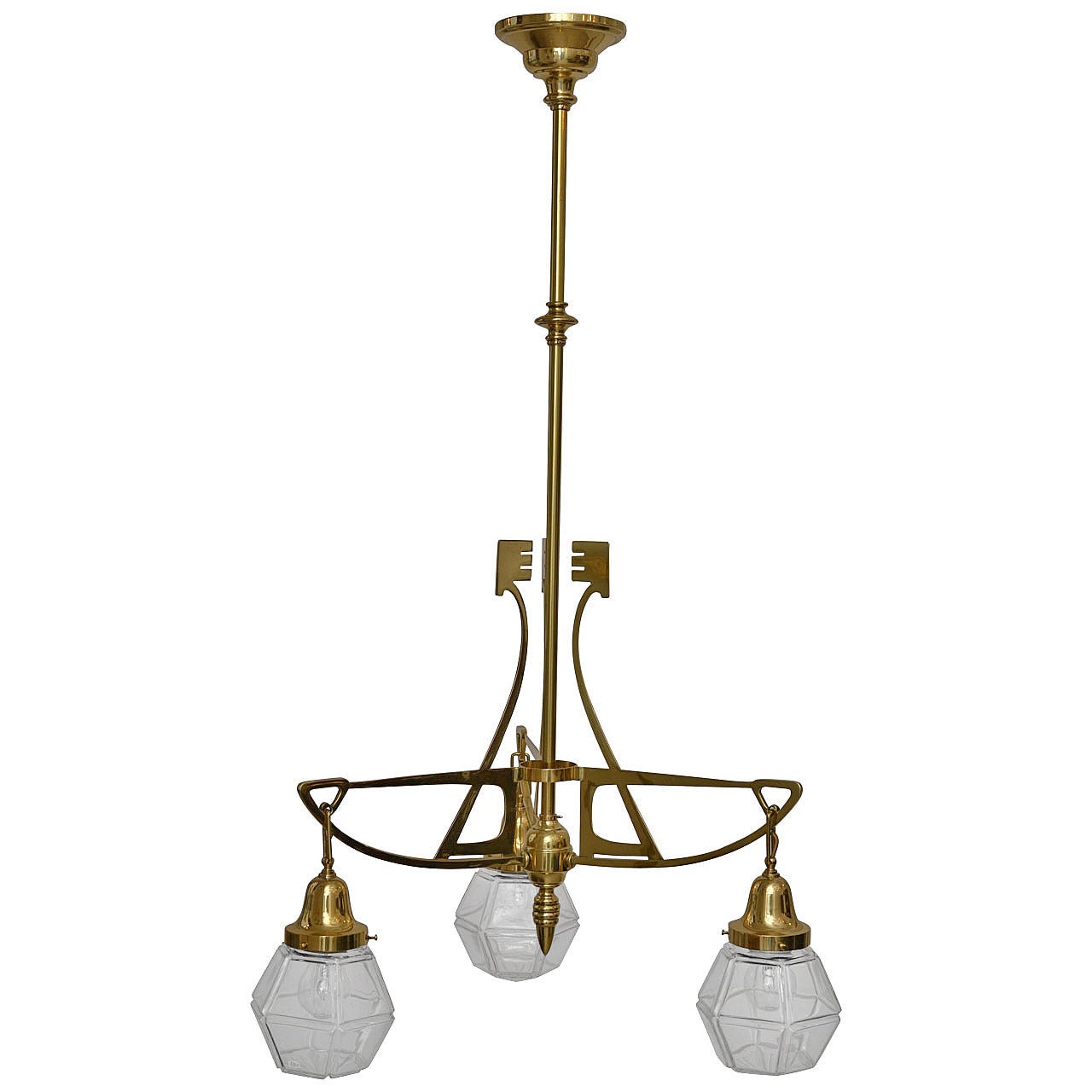 Art Nouveau Three-Light Ceiling Lamp with Original Glass Shade