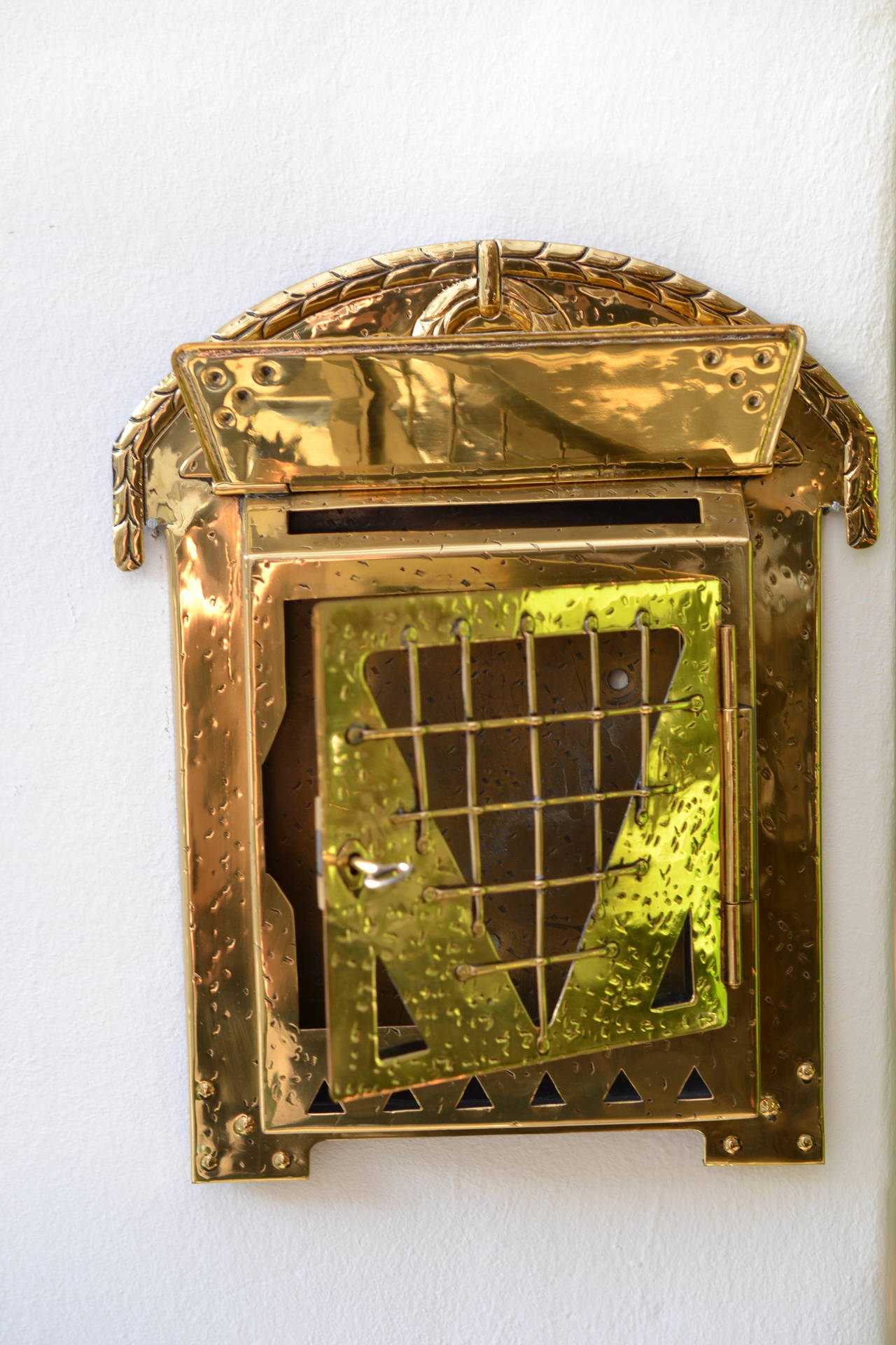 Viennese Brass letter-box hammered 
Polished and stove enamelled