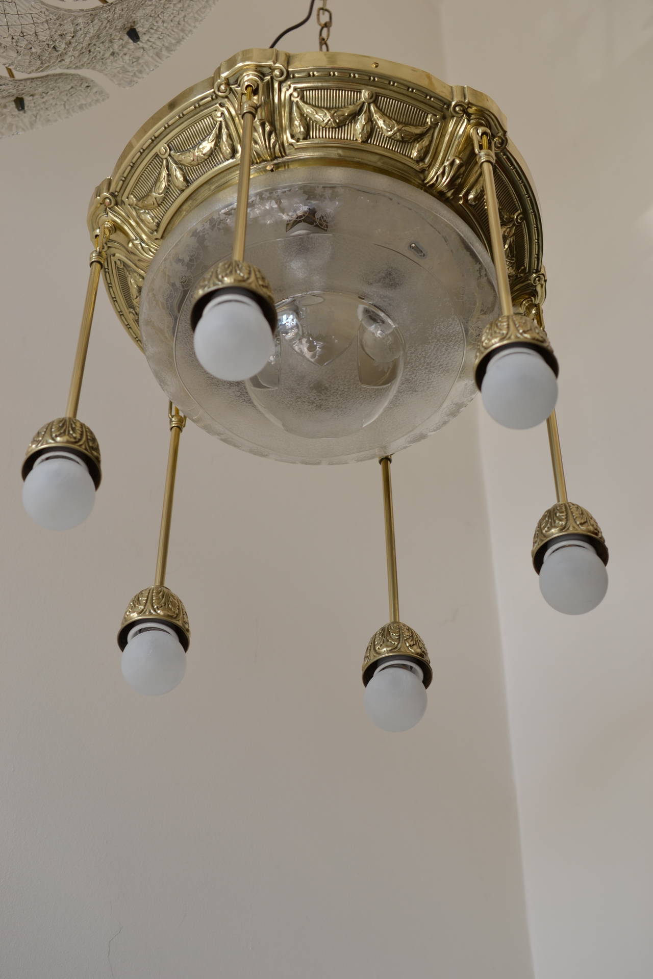 Historistic Ceiling Lamp with Original Glass In Excellent Condition In Wien, AT