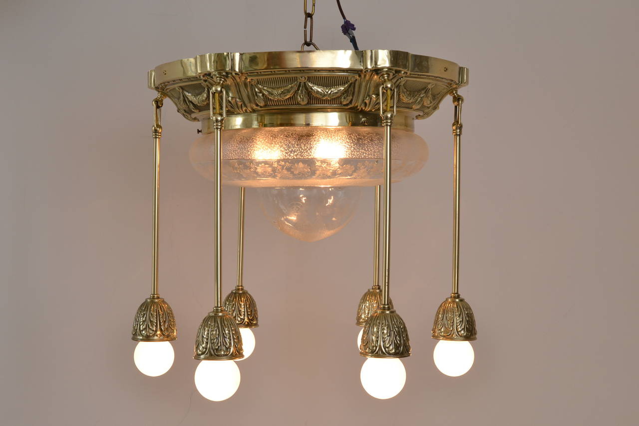 Brass Historistic Ceiling Lamp with Original Glass