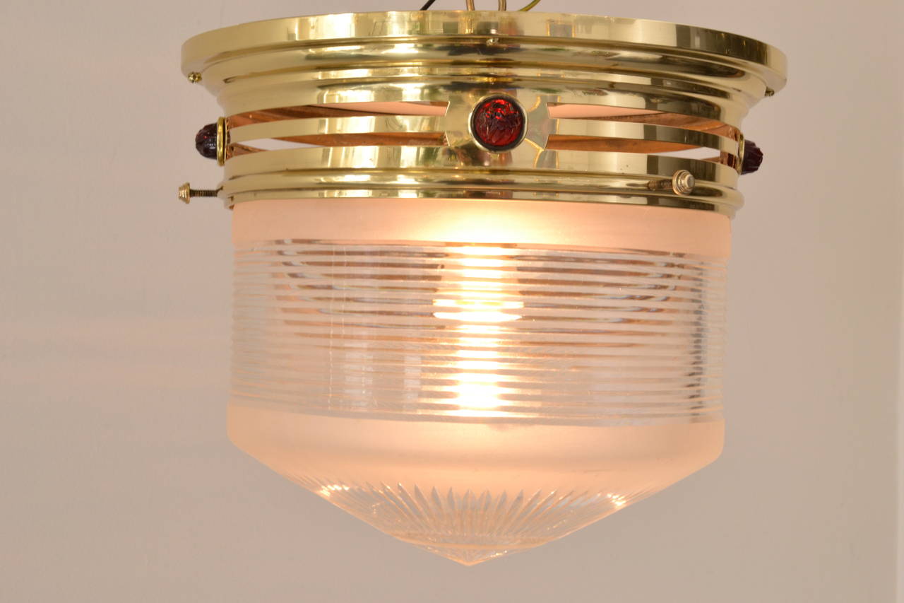 Jugendstil Ceiling Lamp with Cut Glass and Red Opaline Stones