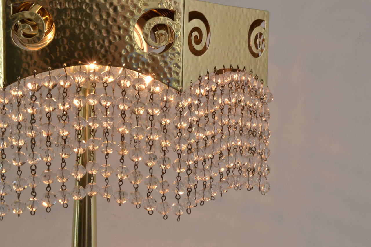 Brass Hammered Jugendstil Table Lamp with Original Cut Glass Balls