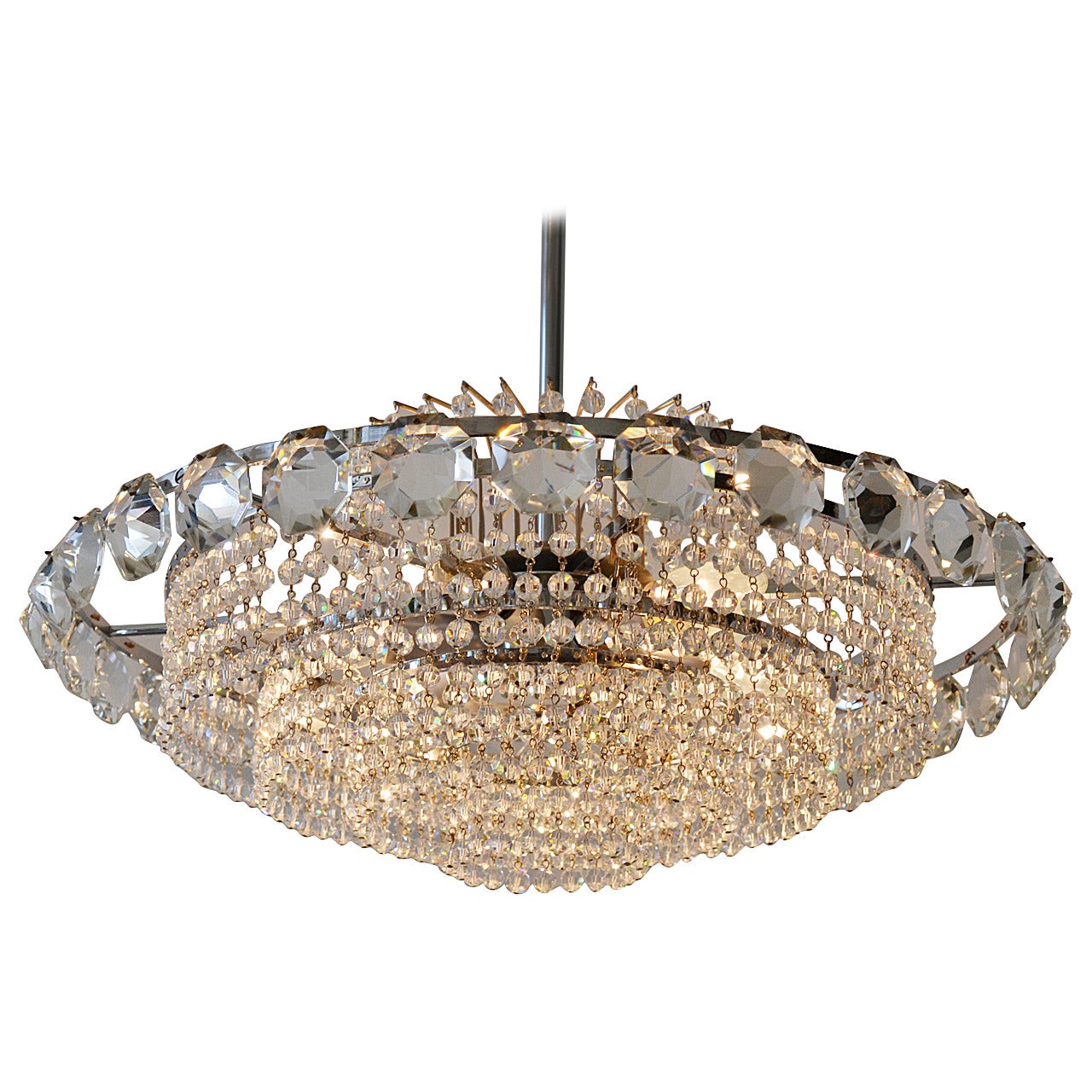 Brass Nickel-Plated Bakalowits Vienna, Faceted Crystal Chandelier, 1960s
