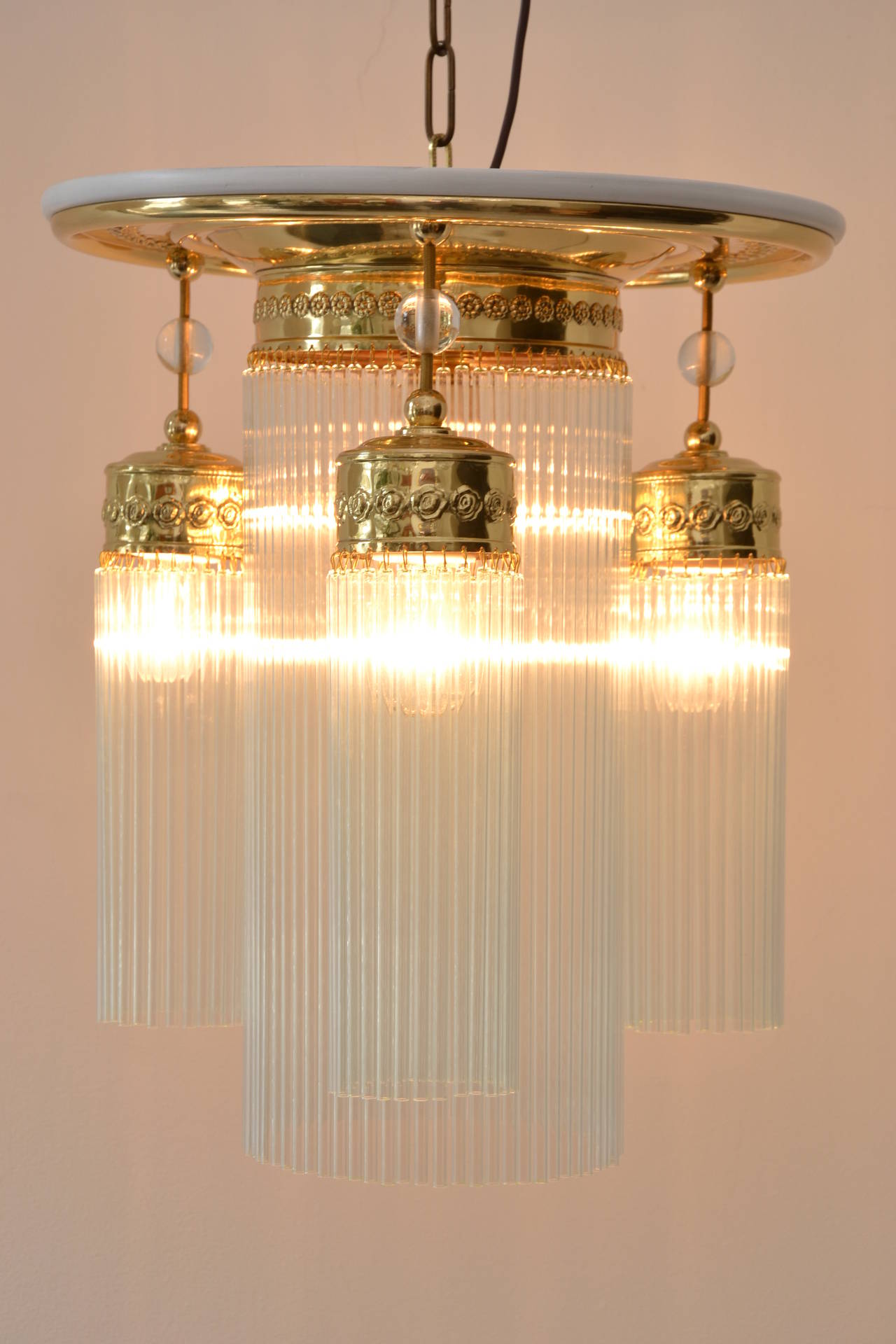 Early 20th Century Jugendstil Ceiling Lamp Flower with Glass Balls and White Woodplate