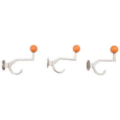 Three Art Deco Wall Hooks, Brass Nickel Plated with Orange Balls, Austria, 1930s