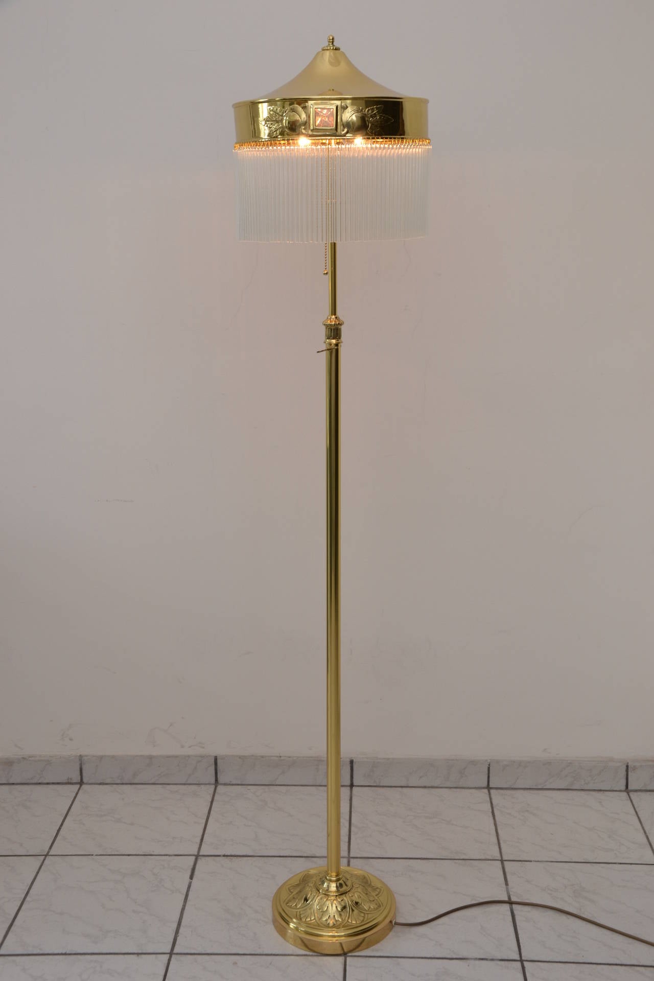 Adjustable Jugendstil Floor Lamp with Opal Glass Stones
polished and stove enamelled
replaced glass sticks
high is adjustable from 150cm - 170cm