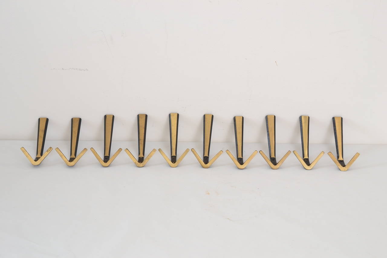 Set of 10 Brass Wall Hooks In Excellent Condition In Wien, AT
