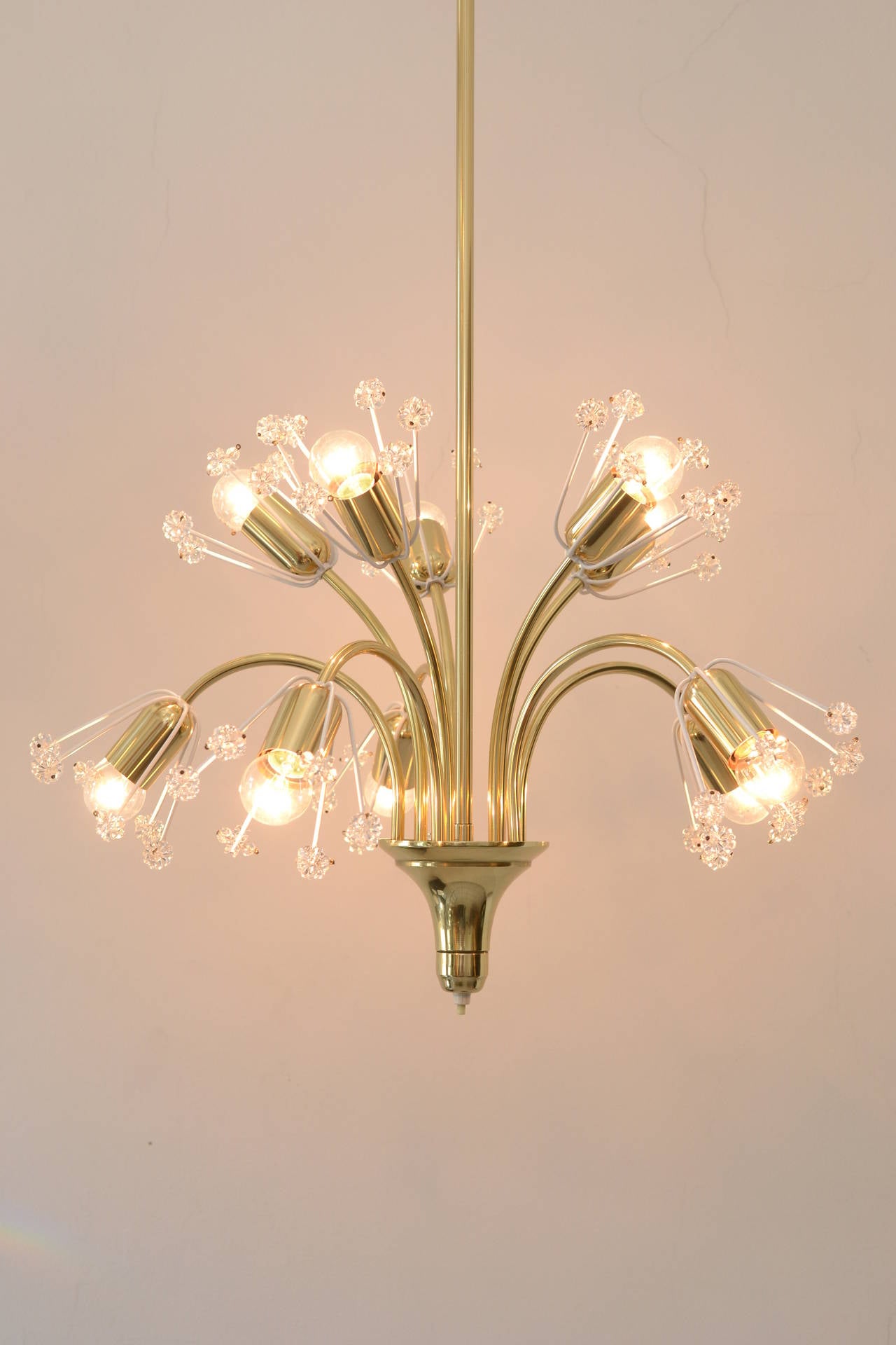 Three Floral Brass and Glass Sputnik Chandelier Pendant by Emil Stejnar, 1950s
polished and stove enamelled
There are 10 sockets for E27 bulbs.
lower light bulbs separately switchable
The height can be ordered
priced and sold per piece.

