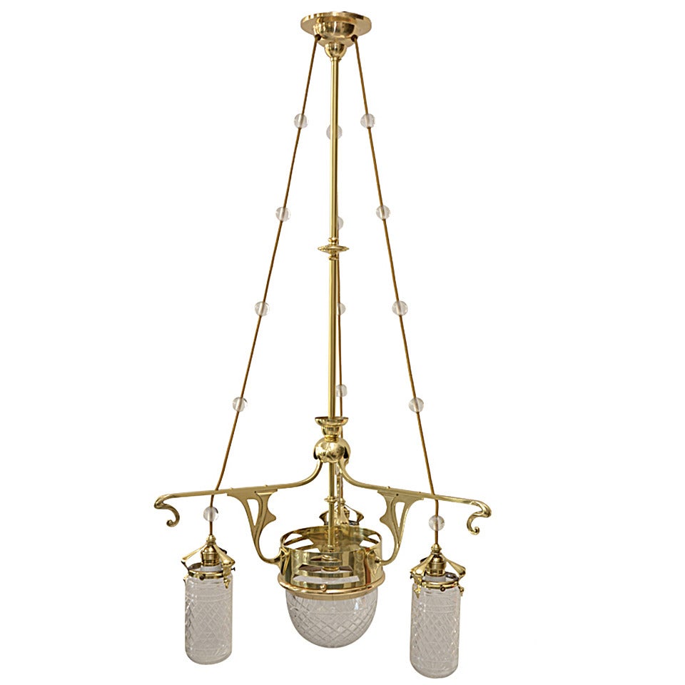 Art Nouveau Four-Light Ceiling Lamp with Original Glass Shade