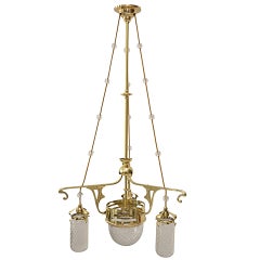 Jugendstil-Deckenlampe mit vier Leuchten und originalem Glasschirm