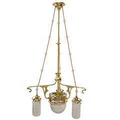 Art Nouveau Four-Light Ceiling Lamp with Original Glass Shade 5