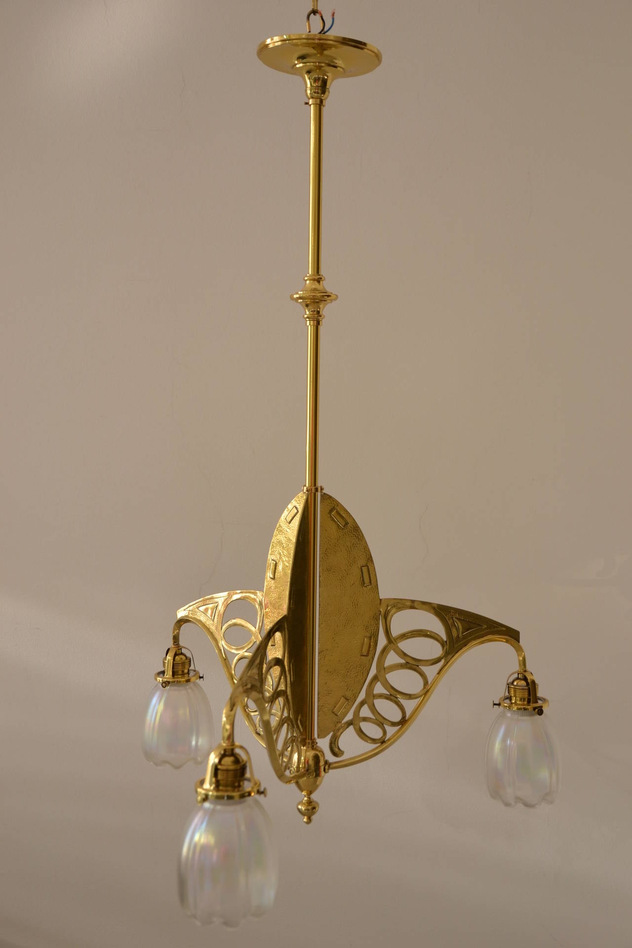 Art Nouveau Three-Light Ceiling Lamp Brass Partly Hammered