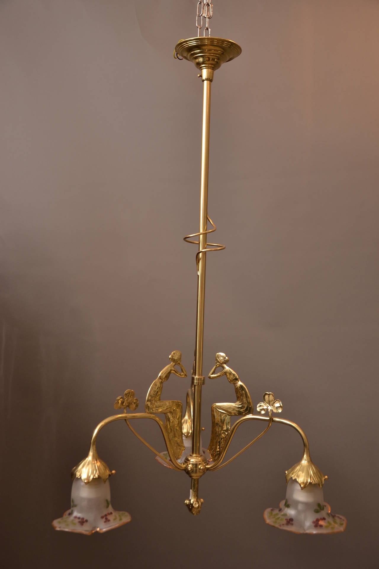 Art Nouveau three-light ceiling lamp with hand-painted original glass shade.