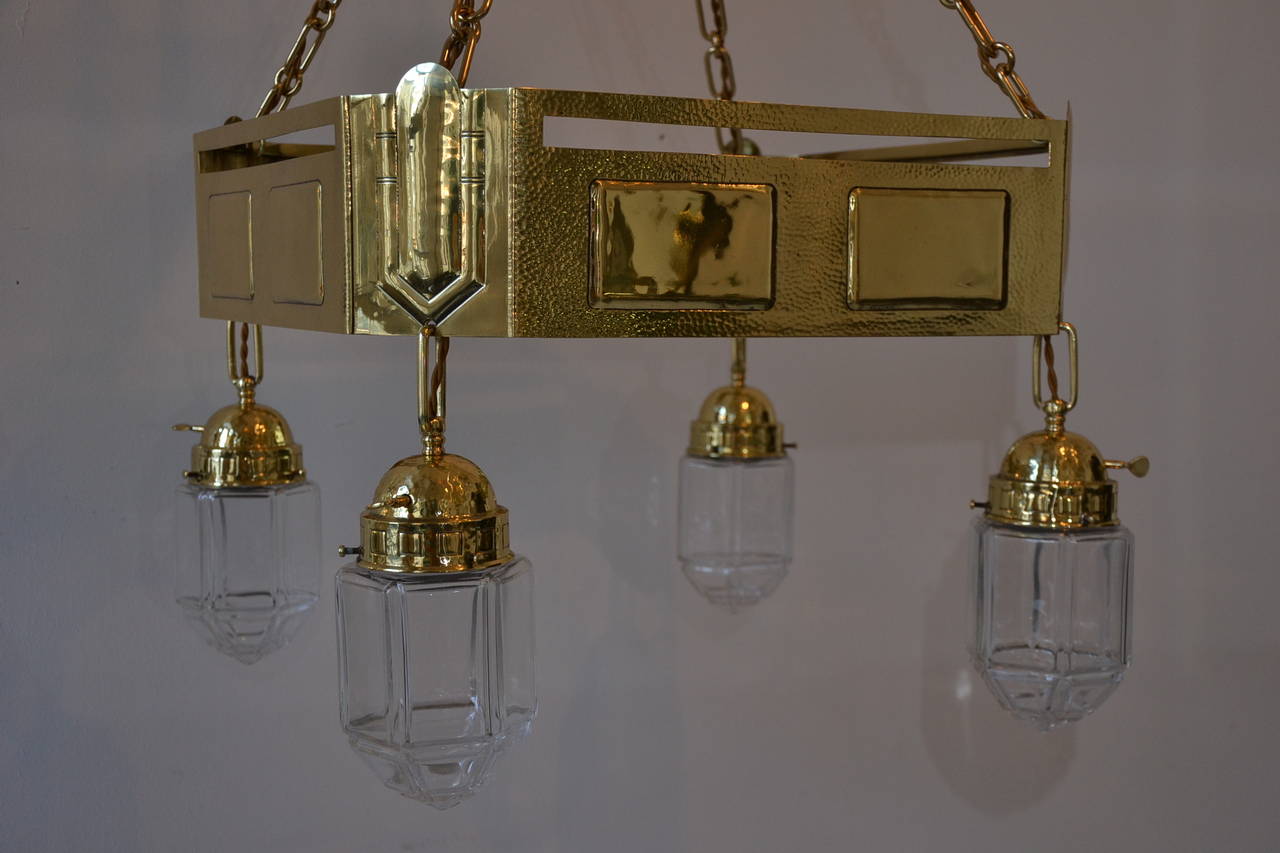 Austrian Art Nouveau Four-Light Ceiling Lamp, Brass Partly Hammered