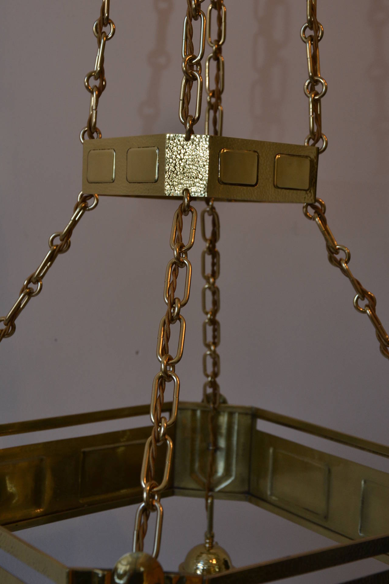 Early 20th Century Art Nouveau Four-Light Ceiling Lamp, Brass Partly Hammered