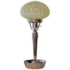 Tablelamp brass, nickel plated with opalin glass