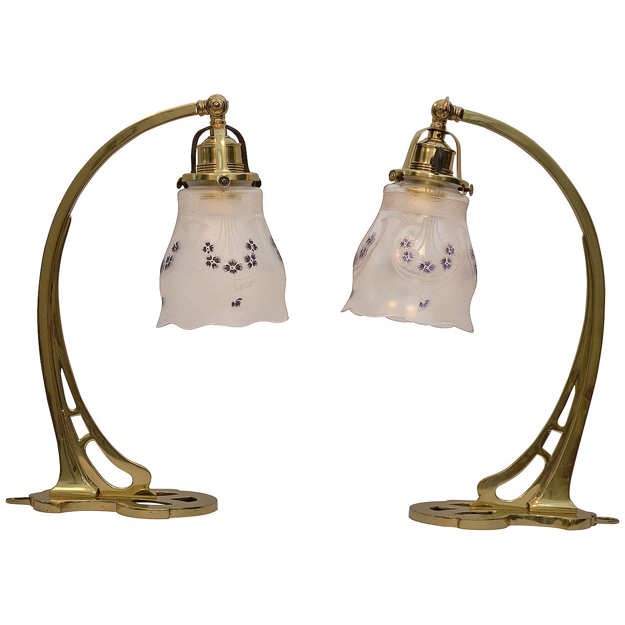 a pair of table lamps with hand-painted original glass shade