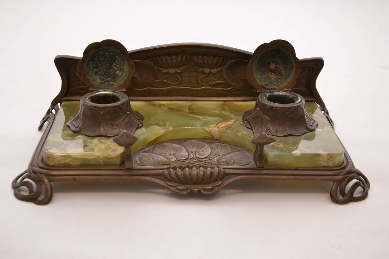 Art Nouveau Ink Well Set with Green Marble
