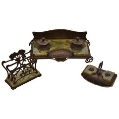 Antique Ink Well Set with Green Marble
