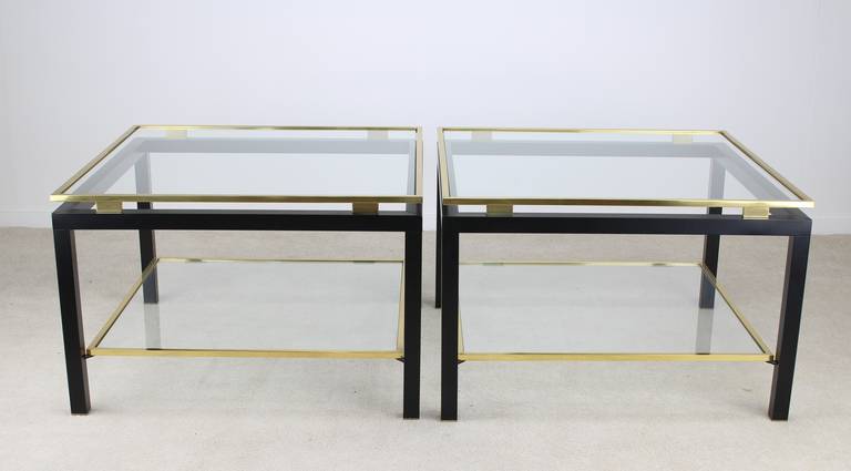 Pair of Guy Lefevre Side Tables in Black Metal and Gold, France 1970's