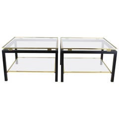 Vintage Pair of Guy Lefevre Side Tables in Black Metal and Gold, France 1970
s