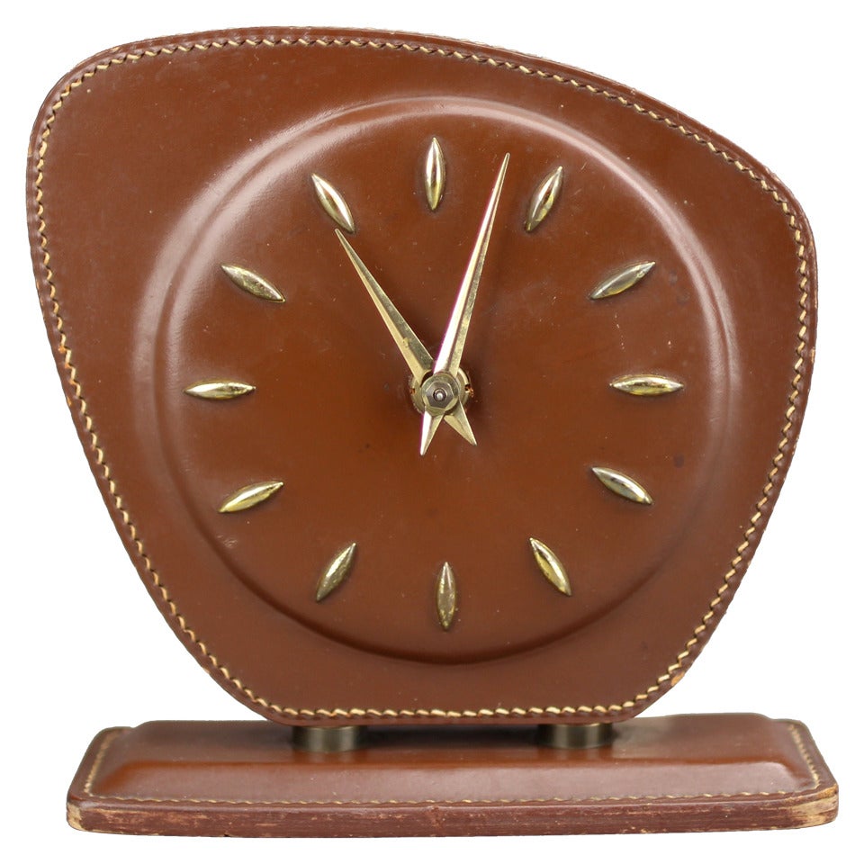 Jacques Adnet Leather Desk Clock, France, 1950s For Sale