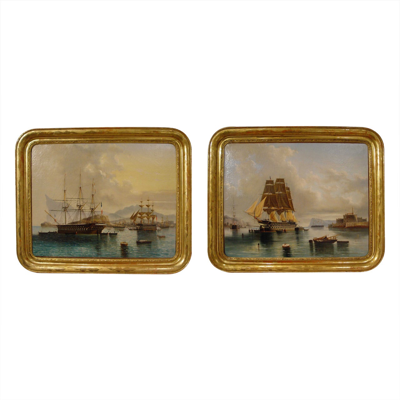 Pair of 19th Century French Marine Paintings, "Port Views"
