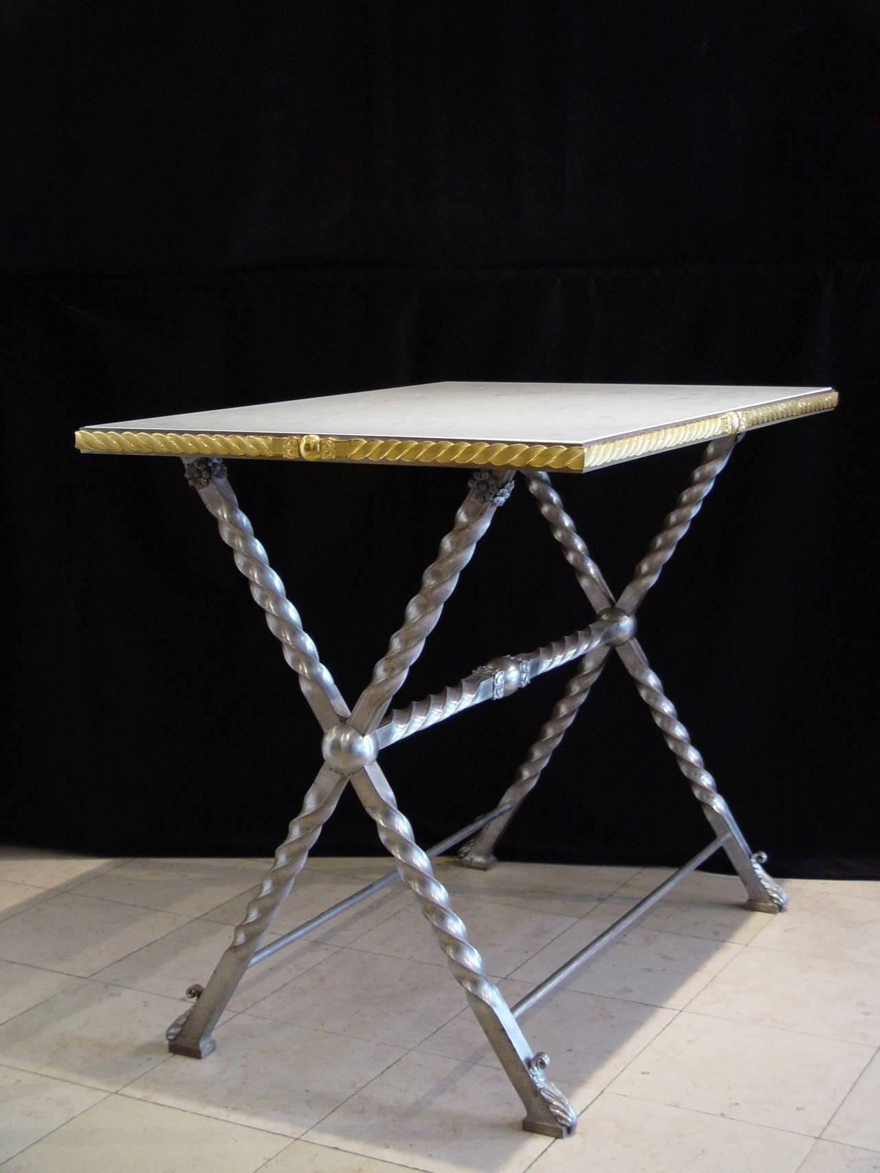 Empire Wrought Iron Table with Carrara Marble Top For Sale