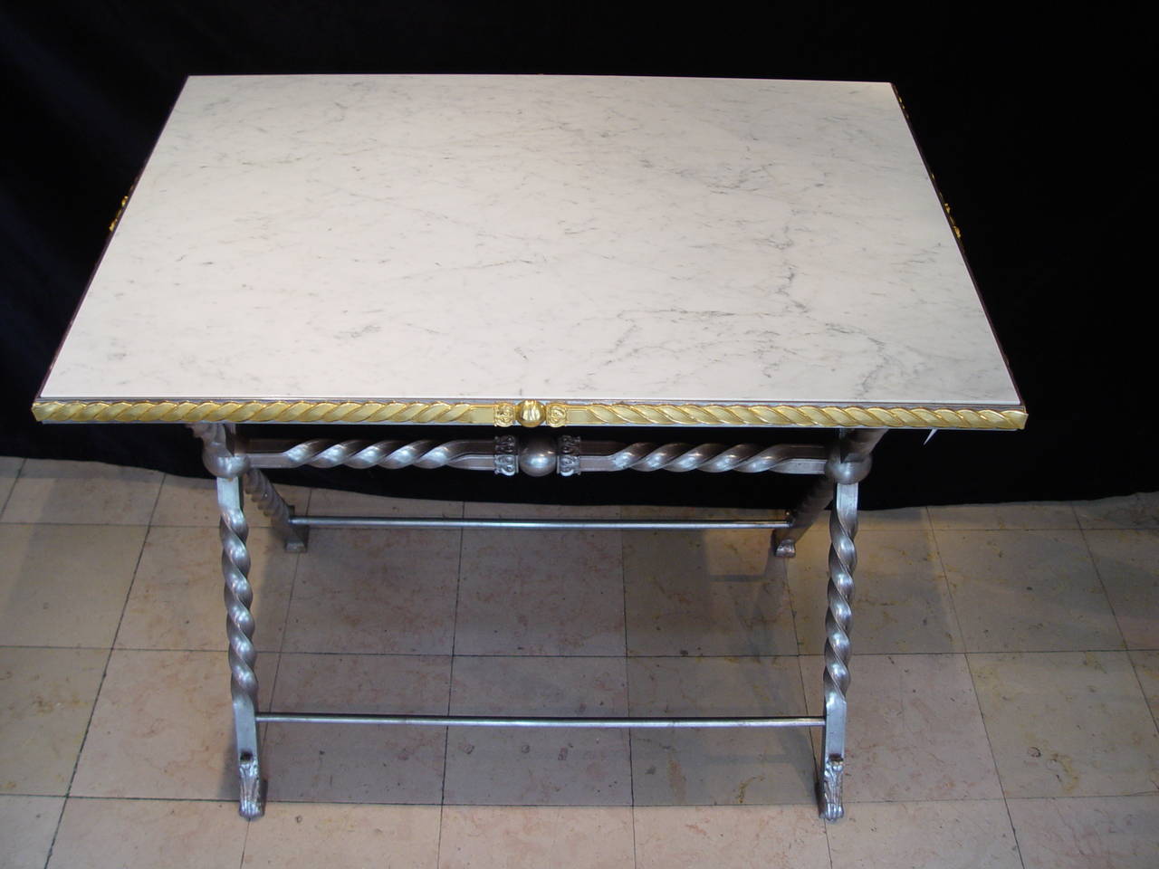 French Wrought Iron Table with Carrara Marble Top For Sale