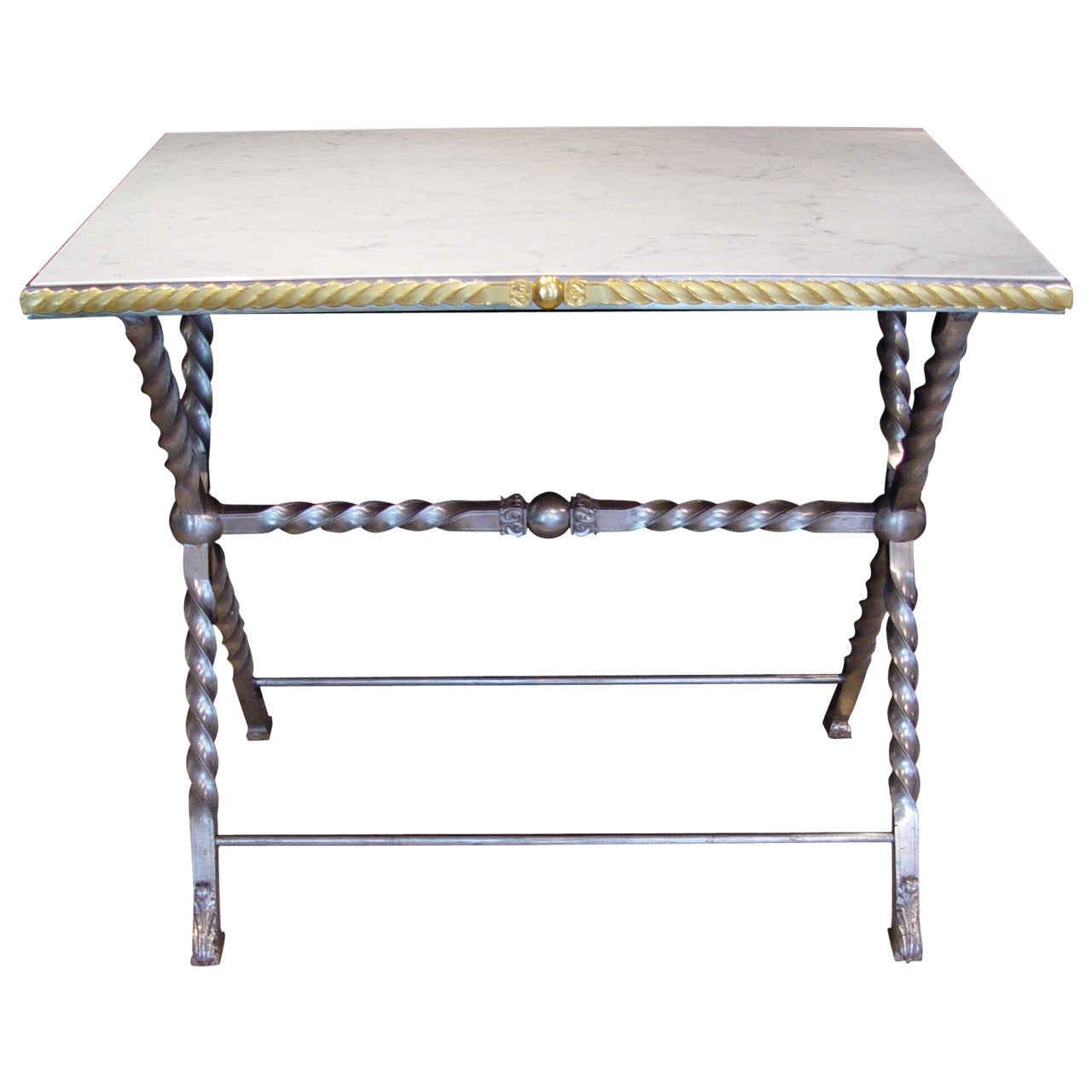 Wrought Iron Table with Carrara Marble Top For Sale