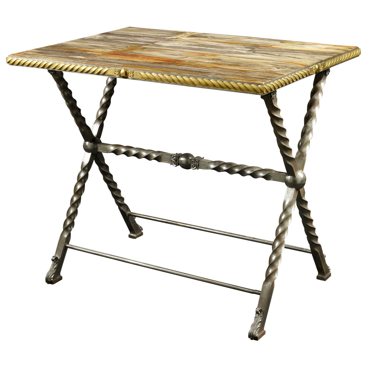 French Wrought Iron Table with Fossilized Marble-Like Wood, circa 1800 For Sale
