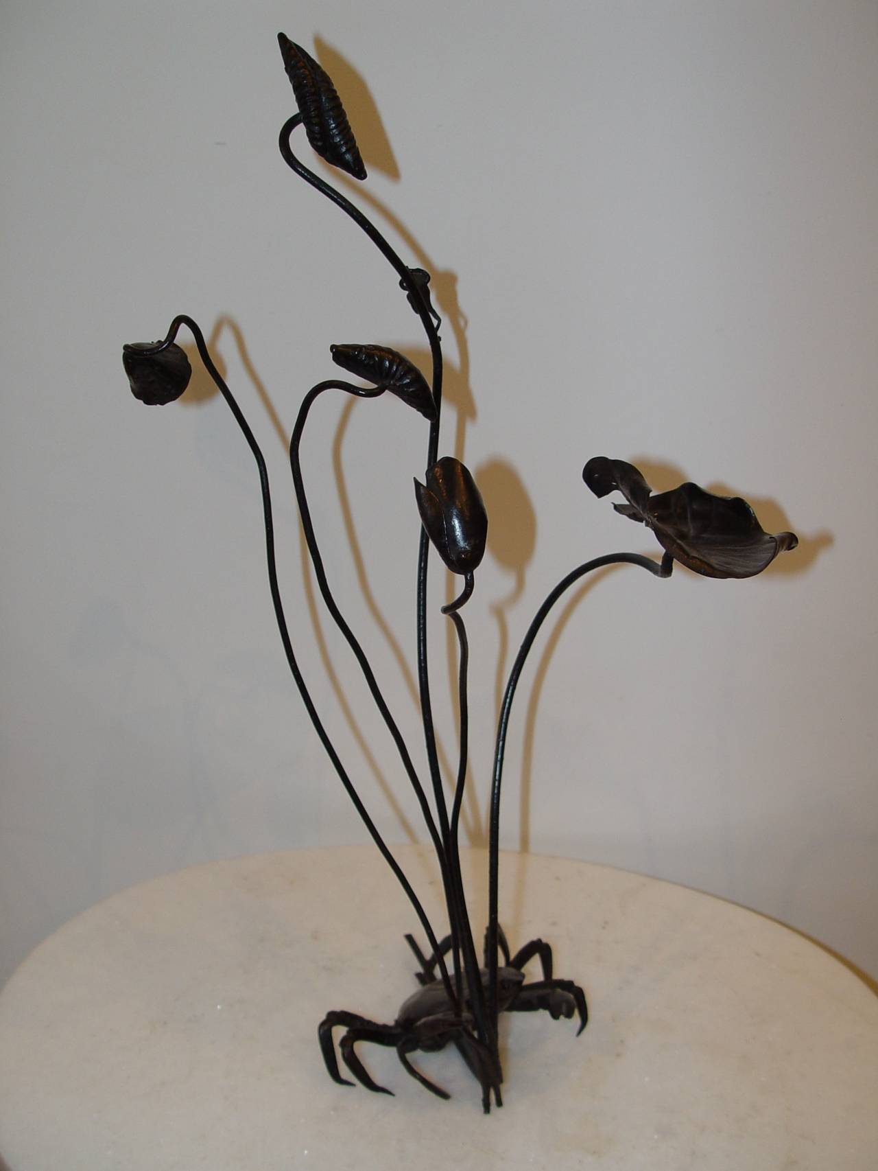 19th Century Japanese Bronze Land Crab with Lotus Leaves