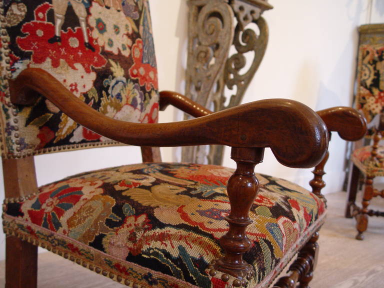 Set of Four French Walnut Armchairs with Tapestry Called 