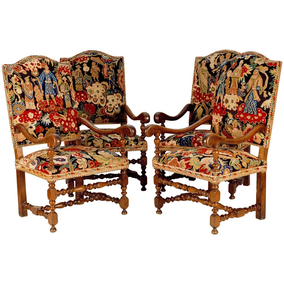 Set of Four French Walnut Armchairs with Tapestry Called "Bizarre" For Sale