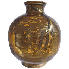 Very Rare Brown Sandstone Japanese Vase with Lacquer Gold Décor