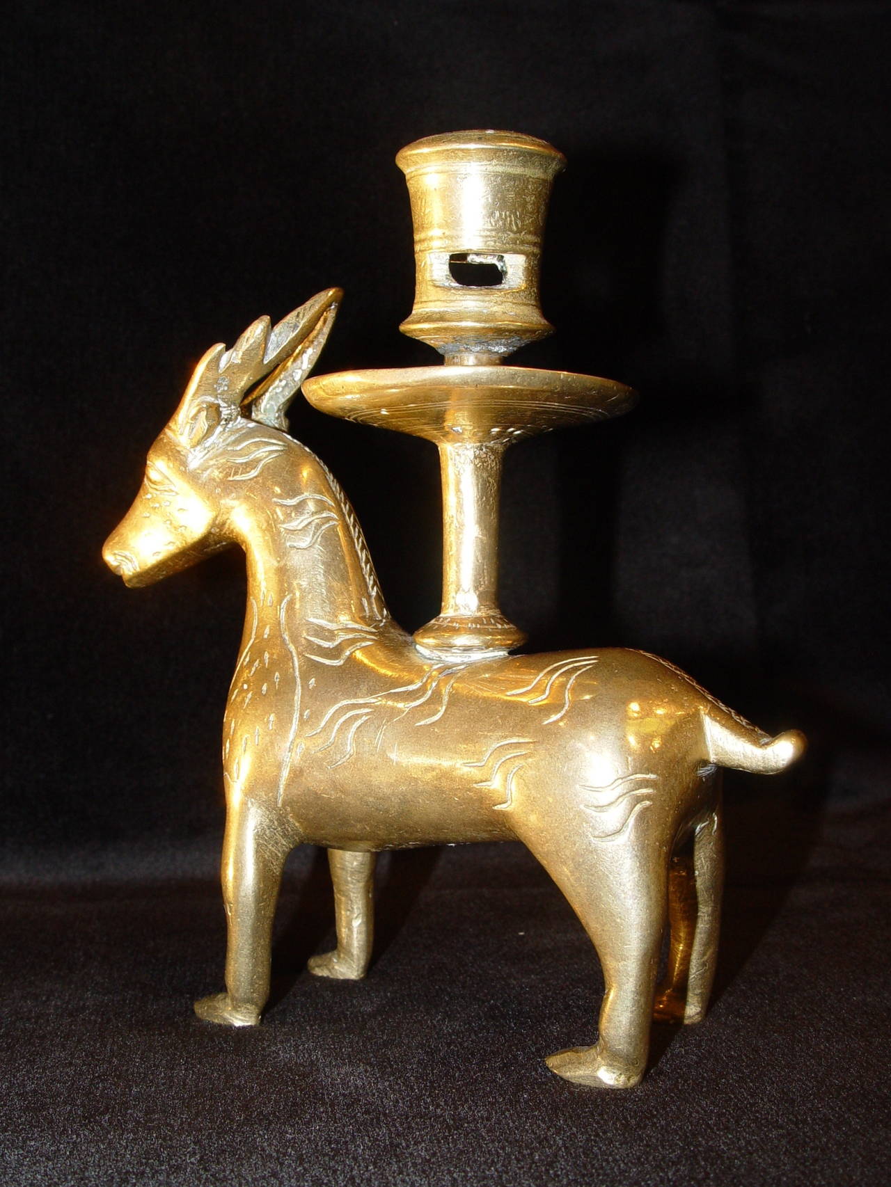 18th Century and Earlier Small 15th Century Yellow Brass Candlestick in Shape of a Deer For Sale