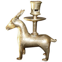 Small 15th Century Yellow Brass Candlestick in Shape of a Deer