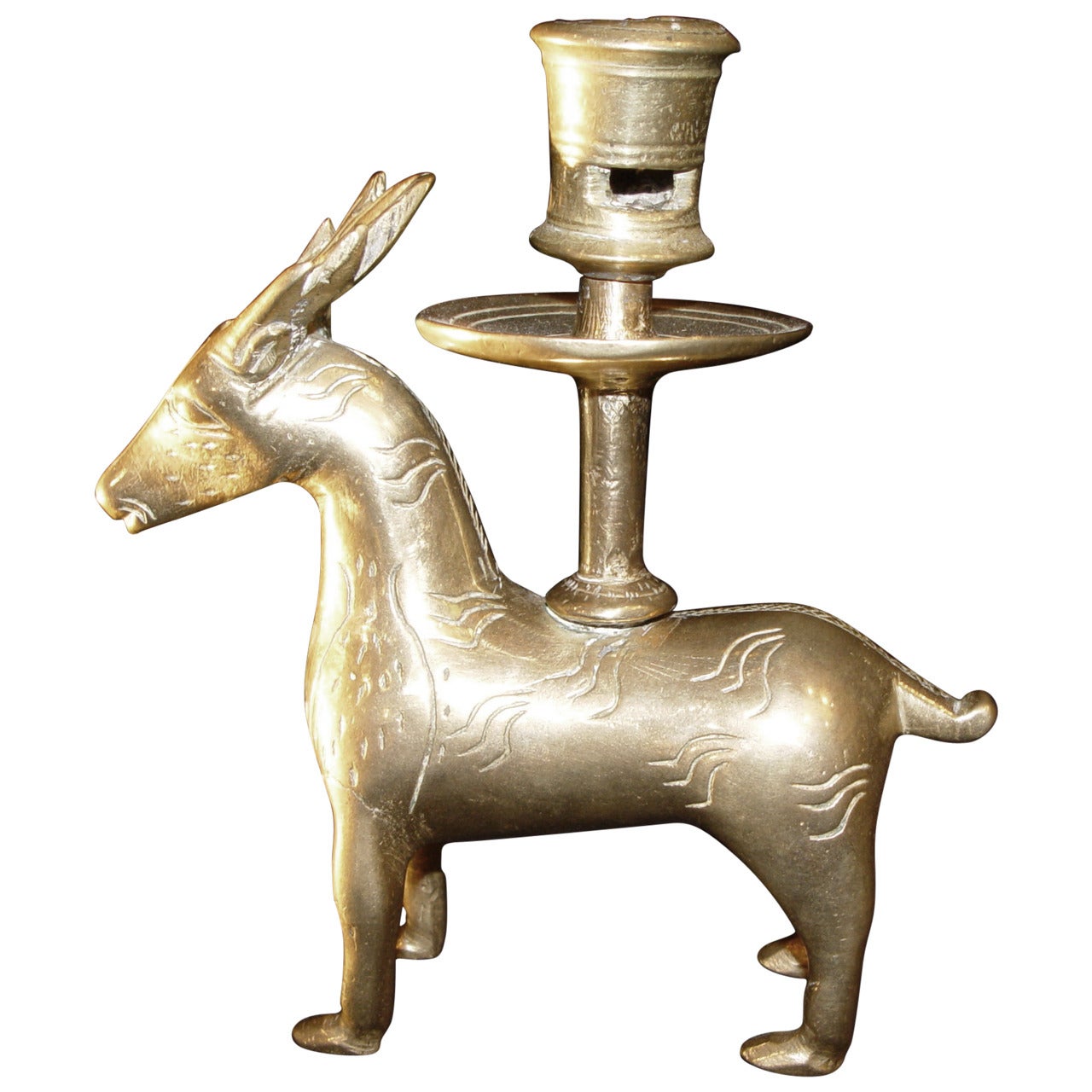 Small 15th Century Yellow Brass Candlestick in Shape of a Deer For Sale