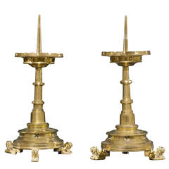 Used Pair of Flemish Yellow Brass Candlesticks Standing on Three Chiseled Lions Feet