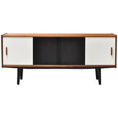 Flat Teak Sideboard with White and Black Lacquered Doors