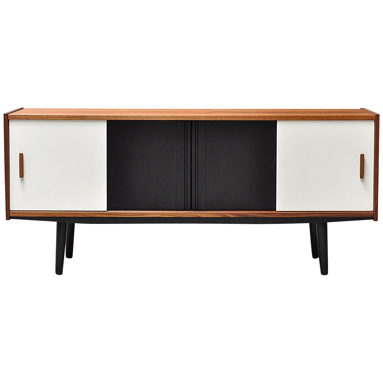 Flat Teak Sideboard with White and Black Lacquered Doors For Sale