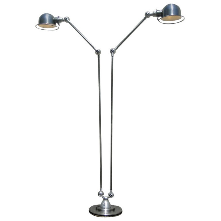 Double 2-armed Jielde French Industrial Floor Reading Lamp Brushed For Sale