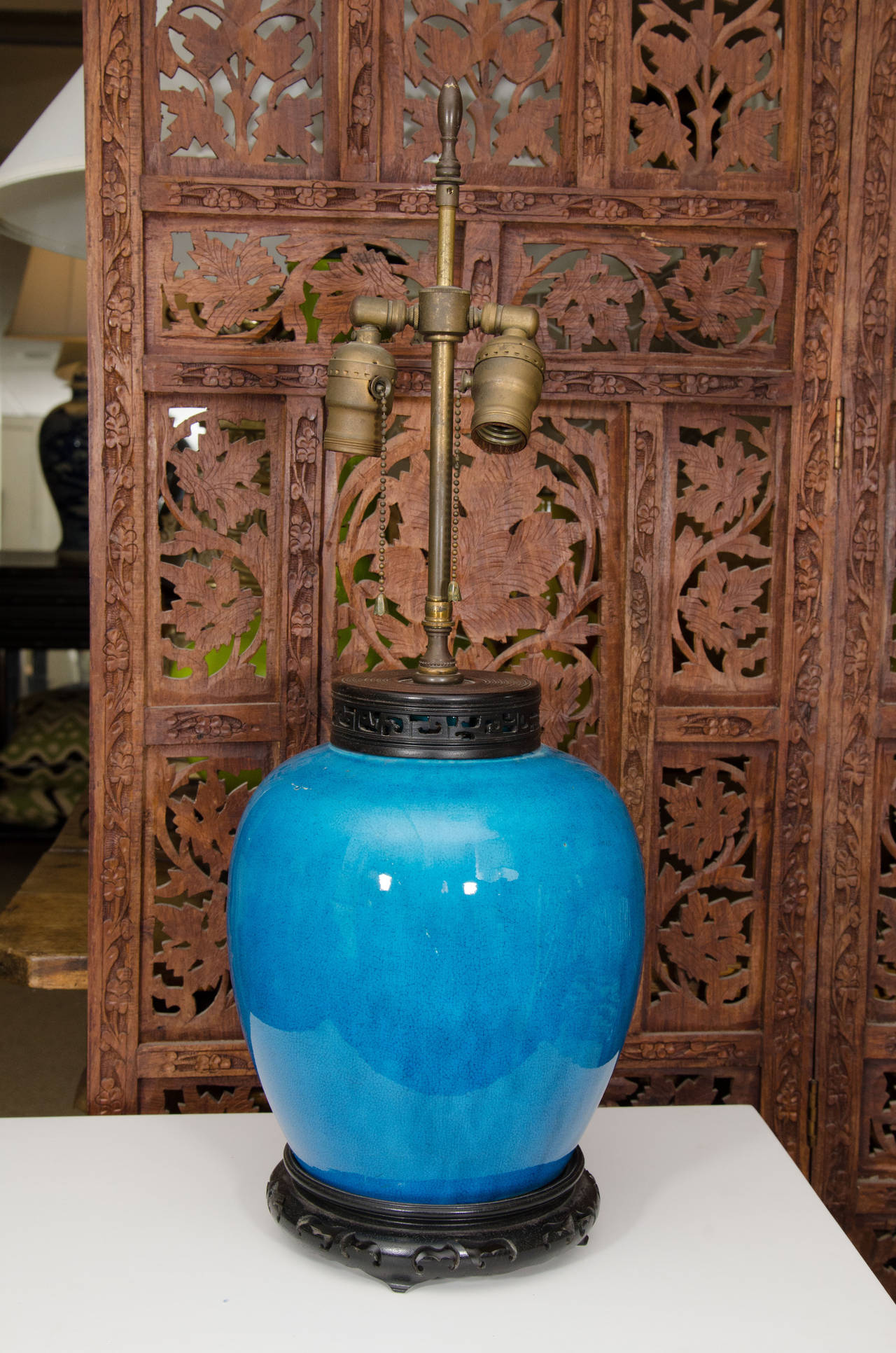 Vintage Turquoise Asian Lamp with Wood Base In Good Condition In Locust Valley, NY