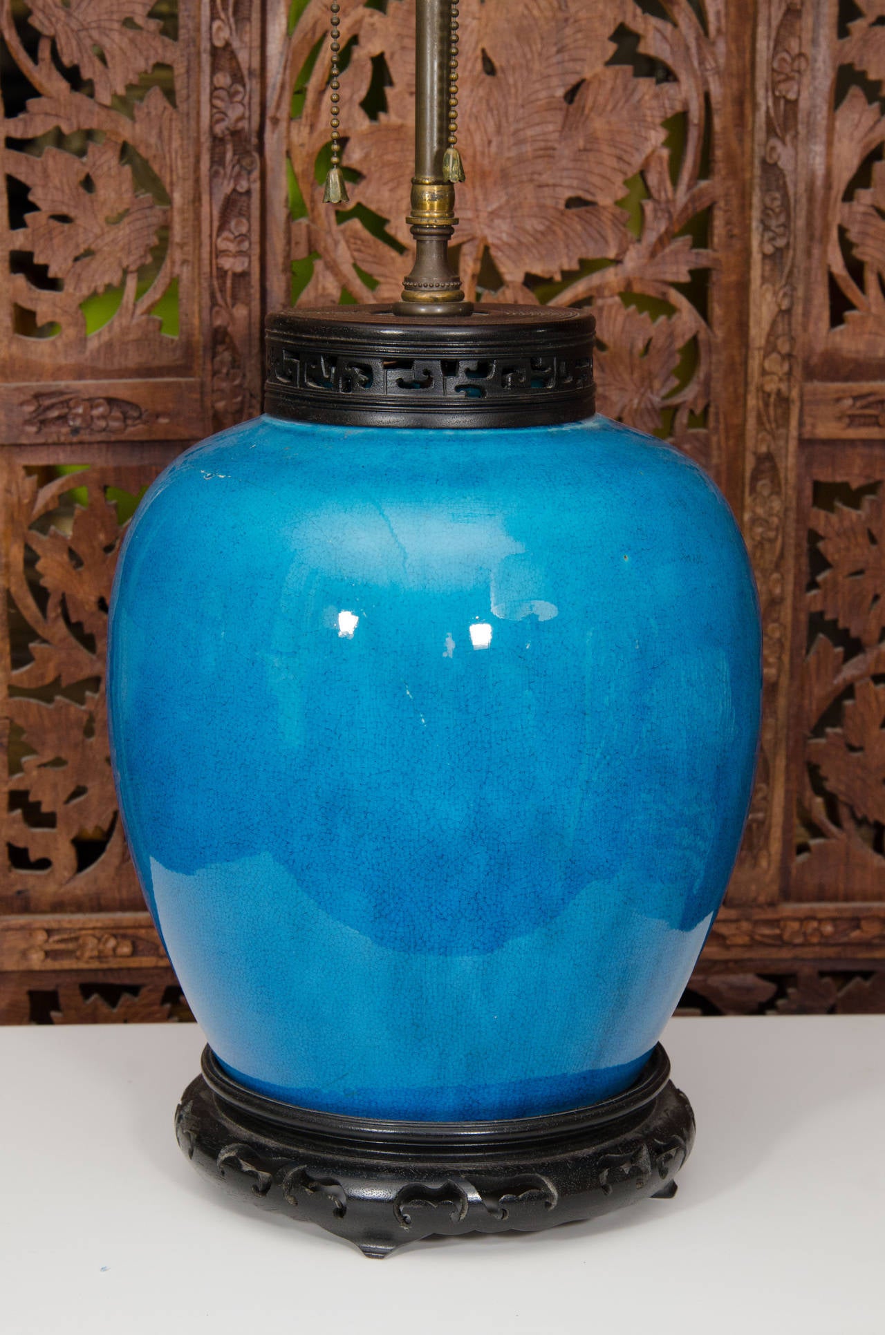 20th Century Vintage Turquoise Asian Lamp with Wood Base